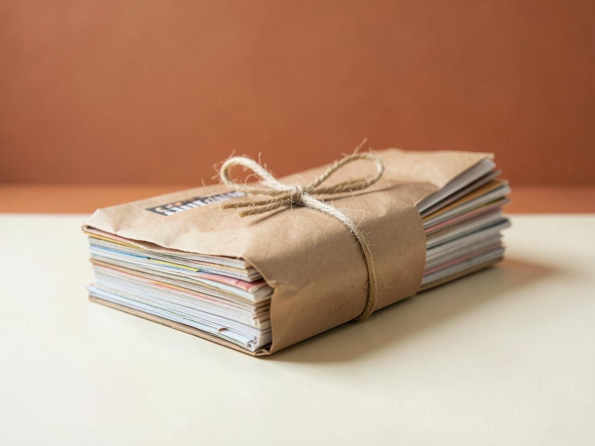 A bundle of magazines wrapped in kraft paper and tied with string